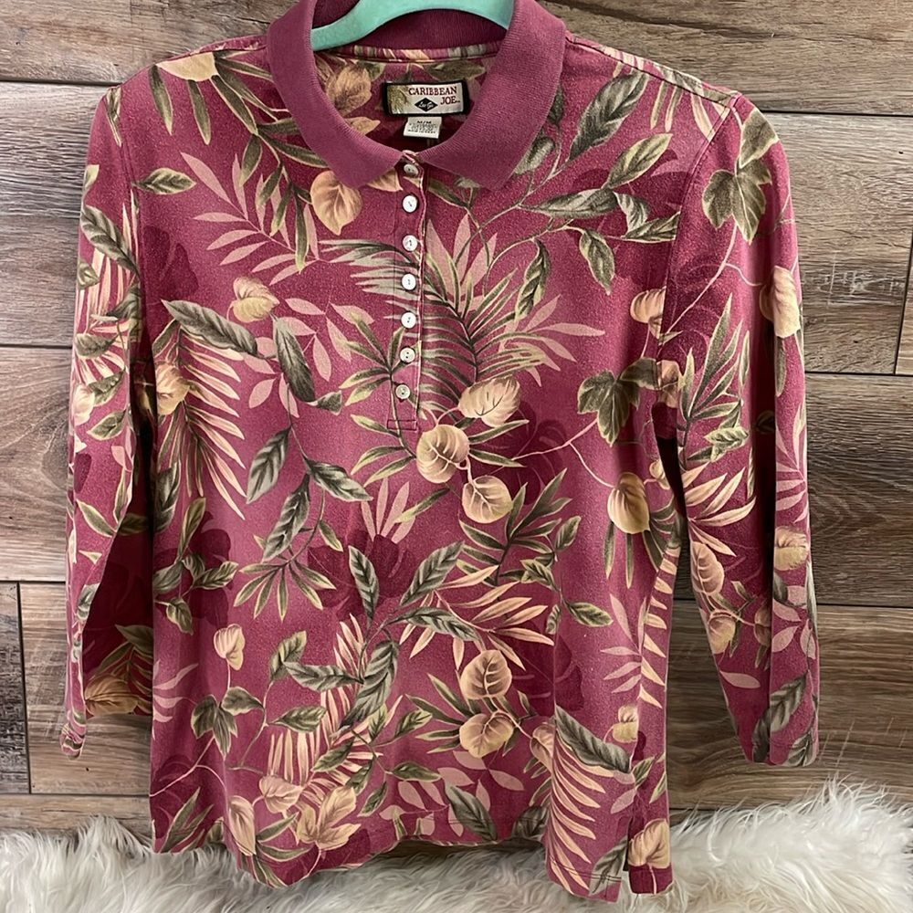 Caribbean Joe Ladies Pullover Collared Shirt Top Blouse Floral, Size Medium